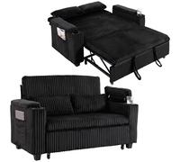 Homcom 2 Seater Sofa Bed, 3-In-1 Corduroy Pull Out Sleeper Sofa, Black Black