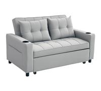 HOMCOM 2 Seater Sofa Bed, Convertible Pull Out Sofa Bed with Adjustable Backrest, Cup Holders and Pillows, Click Clack Settee for Living Room, Bedroom, Guest Room Light Grey