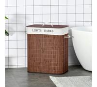 HOMCOM 100L Laundry Basket with Lid String Handles, 2 Section Collapsible Hamper Removable Lining Foldable Water-Resistant Dirty Clothes Storage, Brown