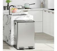 HOMCOM Dual Kitchen Bin, 2 x 28L Stainless Steel Double Rubbish Bin with Soft Close Lid, Removable Inner Buckets, Fingerprint-Proof for Recycling and Waste, Silver Tone