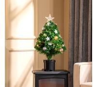 HOMCOM 2FT Pre-lit Artificial Christmas Tree Tabletop Multicoloured Fibre Optic Xmas Decoration w/LED Lights Pot Table Desk - Green