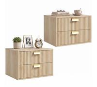 Homcom 2Pcs Modern Floating Nightstands, 2 Drawers Bedside Tables, Oak