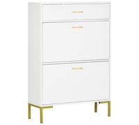HOMCOM 3 Drawer Shoe Cabinet with 2 Flip Doors, Sliding out Drawer and Adjustable Shelf for 12 Pairs of Shoes, Narrow Shoe Storage Cabinet for Hallway, Entryway White and Gold Tone
