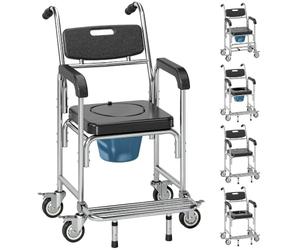 HOMCOM 3-in-1 Commode Chair with Wheels, Transport Beside Shower Chair, Waterproof Rolling Shower Commode Wheelchair with Padded Seat for Disabled and Elderly People, Black