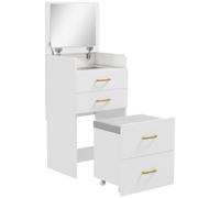 HOMCOM 3 in 1 Dressing Table with Flip-top Mirror and Rolling Stool, Modern Vanity Desk with Visible Glass Tabletop, Drawers and Side Hook, Makeup Table with Cushioned Storage Stool for Bedroom, White