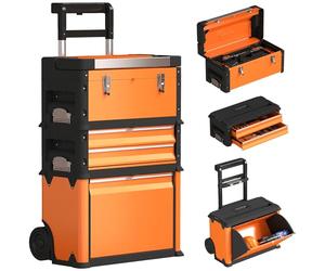 HOMCOM 3-in-1 Rolling Tool Box, Stackable, Modular Powder Coated Steel Toolbox with Tray, Handles, Latches, Wheels, Heavy Duty Tool Storage System for Workshop, Garage, 520mm x 320mm x 720mm, Orange
