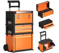 Homcom 3-Tier Tool Box With Wheels, Stackable Steel Toolbox In Orange Orange