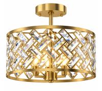 HOMCOM 3-Light Crystal Glass Ceiling Light, Modern Ceiling Lamp w/ 3 E14 Sockets for Living Room, Bulb Not Included, Gold Tone