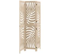 HOMCOM 3 Panel Room Divider, Detachable Folding Privacy Screens with Palm Leaf Design for Home Office, Natural Wood Finish