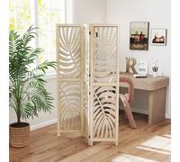 HOMCOM 3 Panel Room Divider, Detachable Portable Folding Privacy Screens, Freestanding Partition Wall Dividers with Palm Leaf Design for Home Office, Bedroom, Natural Wood Finish