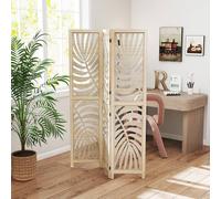 HOMCOM 3 Panel Room Divider, Detachable Portable Folding Privacy Screens, Freestanding Partition Wall Dividers with Palm Leaf Design for Home Office, Bedroom, Natural Wood Finish