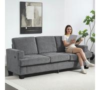 HOMCOM 3 Seater Sofa, Fabric Sofa with USB Ports and Cup Holders, Cream - Grey