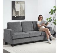 HOMCOM 3 Seater Sofa, Fabric Sofa with USB Ports and Cup Holders, Grey, Grey
