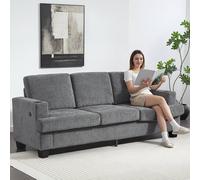 Homcom 3 Seater Sofa, Fabric Sofa With Usb Ports And Cup Holders, Grey Grey