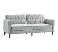HOMCOM 3 Seater Velvet Sofa Bed, 189cm Click Clack Sofa Bed, Button Tufted Sleeper Couch with Split Reclining Backrest and Rubber Wood Legs Light Grey