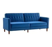 HOMCOM 3 Seater Velvet Sofa Bed, 189cm Click Clack Sofa Bed, Button Tufted Sleeper Couch with Split Reclining Backrest and Rubber Wood Legs Blue