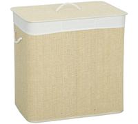 HOMCOM 3 Section Laundry Basket with Lid, 144L Bamboo Laundry Hamper with Handles, Removable and Washable Liner, Cream White
