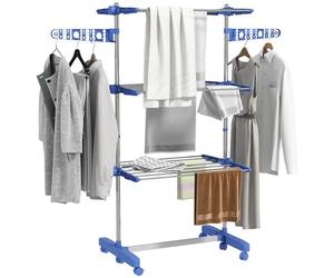 HOMCOM 3-Tier Clothes Airer, Stainless Steel Foldable Clothes Drying Rack with Wheels and Wings, Indoor and Outdoor, Easy Assembly, 142 x 55 x 152cm, Blue