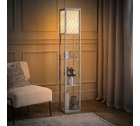 HOMCOM 3-Tier Floor Lamp with Shelves Standing Lamp Single Light Grey | Modern 160 cm Tall Reading Light, Fabric Lampshade, Chain Switch, for Living Room Bedroom, Bulb not Included