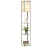 HOMCOM 3-Tier Floor Lamp with Shelves Standing Lamp Single Light Oak | Modern 160 cm Tall Reading Light, Fabric Lampshade, Chain Switch, for Living Room Bedroom, Bulb not Included