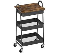 HOMCOM 3-Tier Kitchen Storage Trolley with on Wheels Cover Top Board - Rustic Brown and Black
