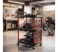 Homcom 3-Tier Rolling Tool Cart Wheel Cart W/ Pegboard, Hooks, Black & Red