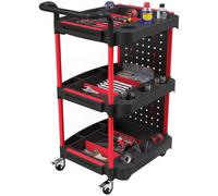 Homcom 3-Tier Rolling Tool Cart Wheel Cart W/ Pegboard, Hooks, Black & Red Red