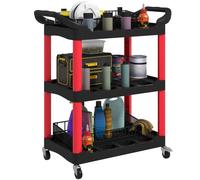HOMCOM 3-Tier Rolling Tool Cart with Handles, 91kg Capacity, Black Red | Tool Trolley on Wheels, Plastic Mobile Service Utility Cart, Garage Mechanics Warehouse