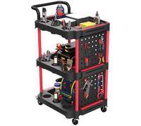 HOMCOM 3-Tier Rolling Tool Cart with Pegboard and Hooks, Black and Red | Storage Trolley Wheel Cart with Brakes, Heavy-Duty Mobile Organiser, for Garage, Workshop, Warehouse
