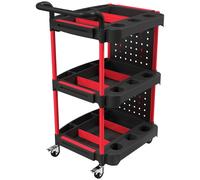 HOMCOM 3-Tier Rolling Tool Cart with Pegboard and Hooks, Storage Trolley Wheel Cart with Brakes, Black & Red