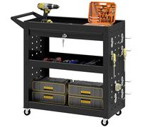 HOMCOM 3-Tier Shelf Tool Cart with Pegboards, Drawer, Braked Wheels, Black