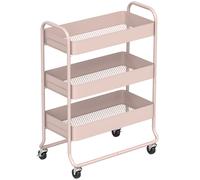 HOMCOM 3-Tier Storage Trolley on Wheels, Rolling Utility Cart with Mesh Backets for Kitchen, Bathroom, Bedroom, Light Pink