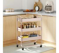HOMCOM 3-Tier Storage Trolley, Storage Cart with Mesh Backets, Wheels - Light Pink