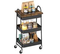 HOMCOM 3-Tier Storage Trolley with Covered Top Board Rustic Brown/Black | Metal Rolling Utility Cart, Mesh Baskets, Kitchen Living Room Dining Room Bedroom Bathroom Office Entryway