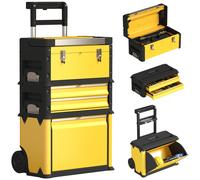 HOMCOM 3-Tier Tool Box With Wheels - Stackable Steel Toolbox - Yellow | TJ Hughes