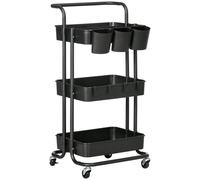 HOMCOM 3-Tier Utility Cart - Rolling Serving Trolley with Baskets and Hooks | TJ Hughes