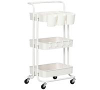 Homcom 3-tier Utility Cart, Rolling Serving Trolley With Baskets And Hooks, White