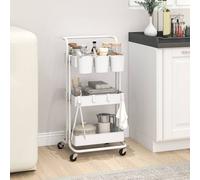 Homcom 3-tier Utility Cart, Rolling Serving Trolley With Baskets And Hooks, White