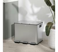 HOMCOM 3 x 20L Triple Kitchen Bin Pedal Bin for Recycling and Waste - Silver Tone - 61.9L x 36.6W x 56.7H cm - 410 Stainless Steel, PP Plastic