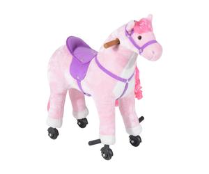 HOMCOM 330-016PK Plush Walking Horse Ride On Toy with Wheels and Realistic Sounds Rocking Horse for Girls Boys 2+ Years Old, 50cm Tall, Pink