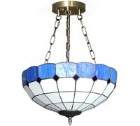 HOMCOM 34 cm Tiffany Style Ceiling Light, Vintage Stained Glass Chandelier with 3 E27 Sockets, Semi Flush Mount Pendant Light for Living Room, Bedroom, Hallway, Bulbs Not Included, Blue and White