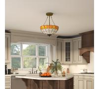 HOMCOM 34 cm Tiffany Style Ceiling Light, Vintage Stained Glass Chandelier with 3 E27 Sockets, Semi Flush Mount Pendant Light for Living Room, Bedroo