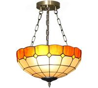 HOMCOM 34 cm Tiffany Style Ceiling Light, Vintage Stained Glass Chandelier with 3 E27 Sockets, Semi Flush Mount Pendant Light for Living Room, Bedroom, Hallway, Bulbs Not Included, Orange and White