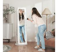 HOMCOM 360° Swivel Mirror Jewellery Cabinet with 3 Colour LED Lights, Lockable Jewellery Organiser, Free Standing Full Length Mirror with Storage for Earrings, Necklaces, Rings and Lipsticks, White