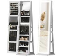 HOMCOM 360 Swivel Mirror Jewellery Cabinet with 3 Colour LED Lights, Lockable Jewellery Organiser, Free Standing Full Length Mirror with Storage for Earrings, Necklaces, Rings and Lipsticks, White Whi