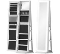 HOMCOM 360° Swivel Mirror Jewellery Cabinet with 3 Colour LED Lights, Lockable Jewellery Organiser, Free Standing Full Length Mirror with Storage for Earrings, Necklaces, Rings and Lipsticks, White