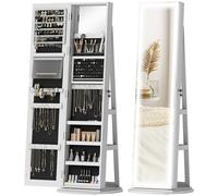 HOMCOM 360° Swivel Mirror Jewellery Cabinet with 3 Colour LED Lights, Lockable Jewellery Organiser, Free Standing Full Length Mirror with Storage for Earrings, Necklaces, Rings and Lipsticks, White