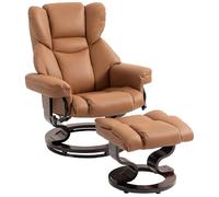 HOMCOM 360° Swivel Recliner Chair with Footstool PU Leather Brown | Manual Recliner Armchair, Solid Wood Base, Upholstered, Living Room, Bedroom, Office