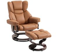 HOMCOM 360° Swivel Recliner Chair with Footstool, PU Leather Manual Recliner Armchair with Footstool, Solid Wood Base, Upholstered Reclining Chair for Living Room, Bedroom, Office, Brown