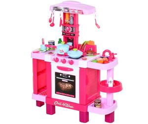 HOMCOM 38 Pcs Kids Children Kitchen Play Set Realistic Sounds Lights Pink | Food, Utensils, Pots, Pans, Appliances, Toy Game